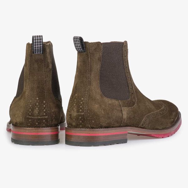 Brown/olive green calf suede leather Chelsea boot