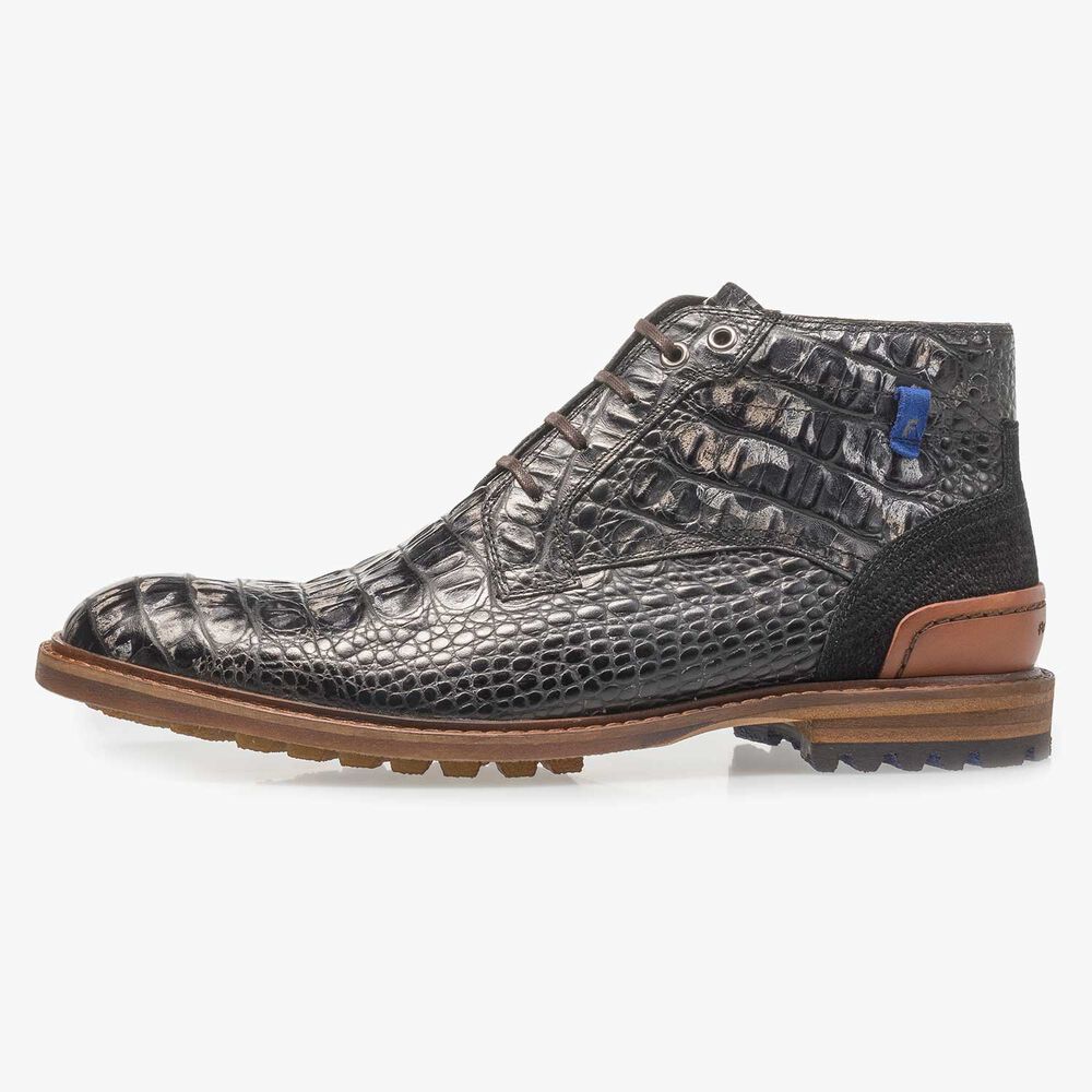 Black leather lace boot with croco print