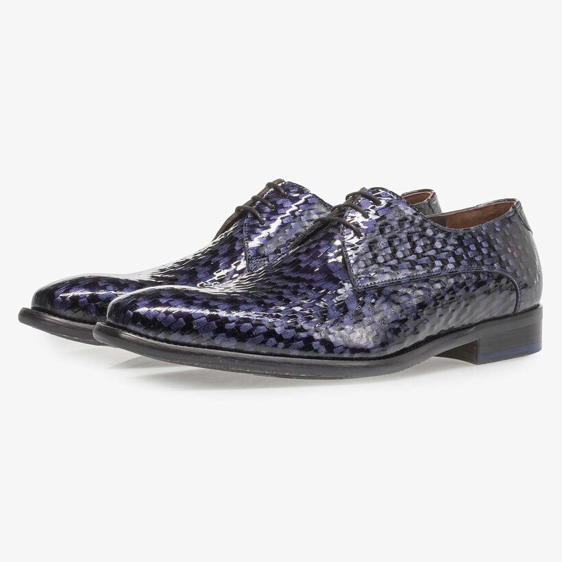 Blauer Premium Lackleder-Schn&uuml;rschuh mit Print