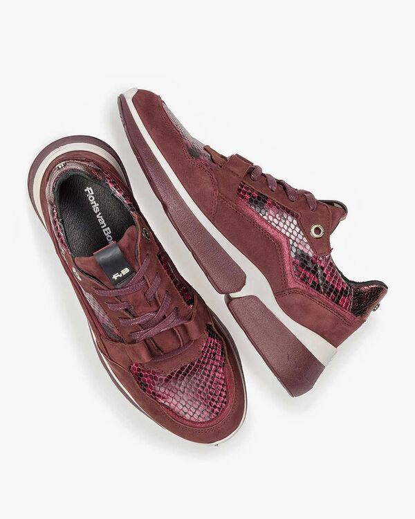 Burgundy red suede leather sneaker with snake print