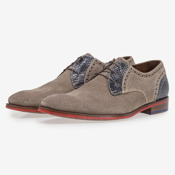 Beige suede leather lace shoe with blue print