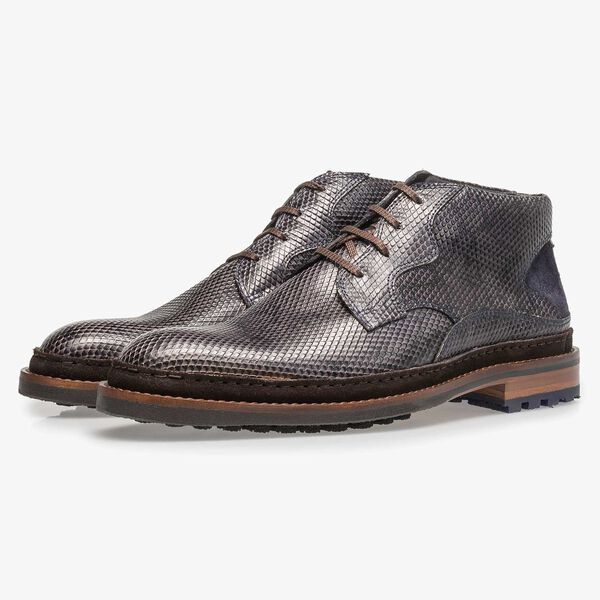 Dunkelgrauer Leder-Schn&uuml;rstiefel mit Schlangenprint