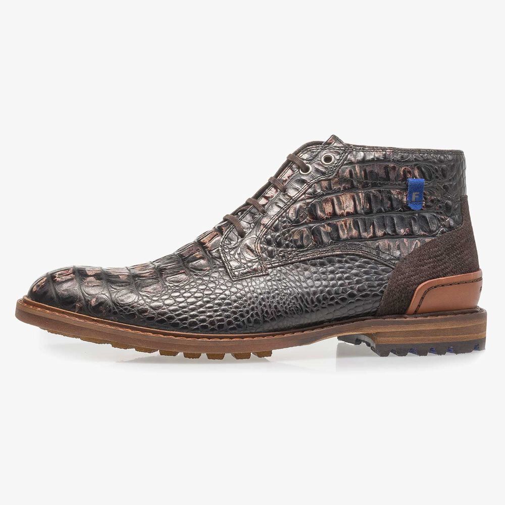 Dunkelbrauner Leder-Schn&uuml;rstiefel mit Krokoprint