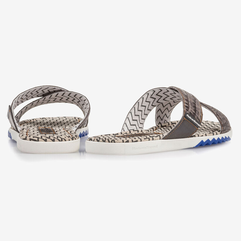 Dunkelgrauer Nubukleder Kreuzriemen-Slipper mit Print