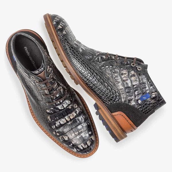 Black leather lace boot with croco print