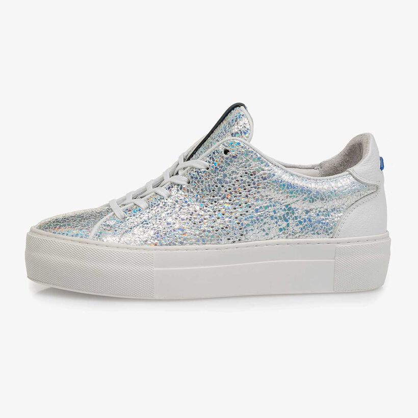Silver metallic leather sneaker with craquel&eacute; effect