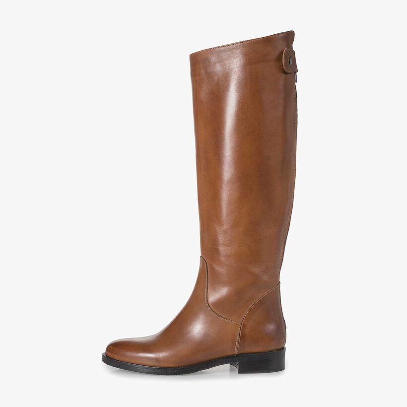 Cognac-coloured calf leather high boots