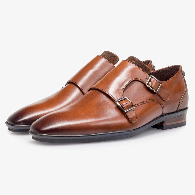 Cognacfarbener Kalbsleder Doppelmonk-Schnallenschuh