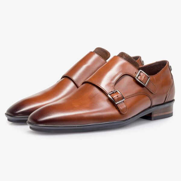 Cognacfarbener Kalbsleder Doppelmonk-Schnallenschuh
