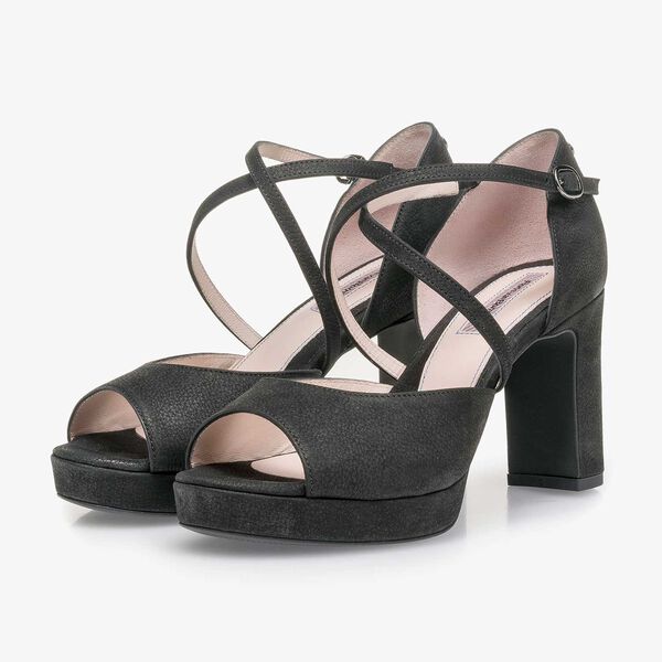 Black structured nubuck leather high-heeled sandal