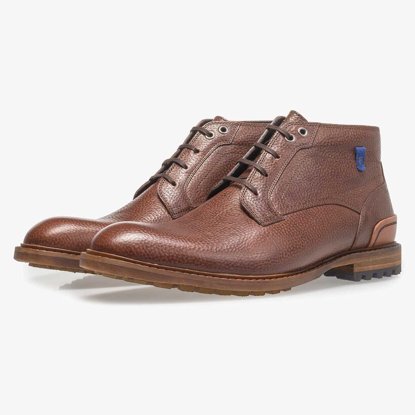 Cognac-coloured printed leather lace boot