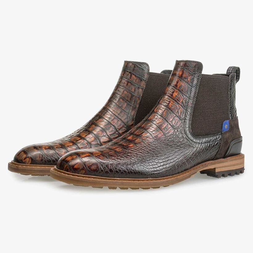 Brown calf&rsquo;s leather Chelsea boot with croco print
