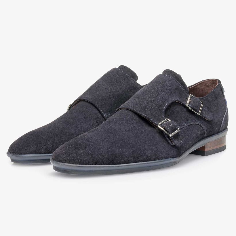 Blue calf suede leather double buckle monk strap
