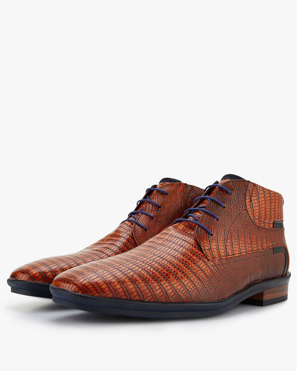 Schn&uuml;rstiefel Leder mit Print cognac