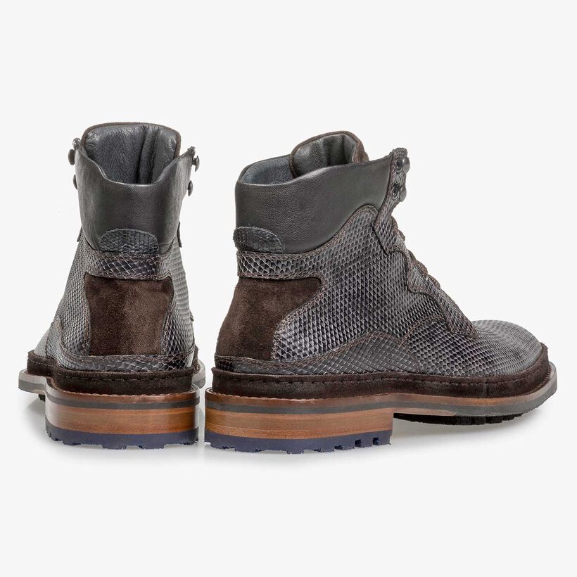 Dunkelgrauer Leder-Schn&uuml;rstiefel mit Schlangenprint