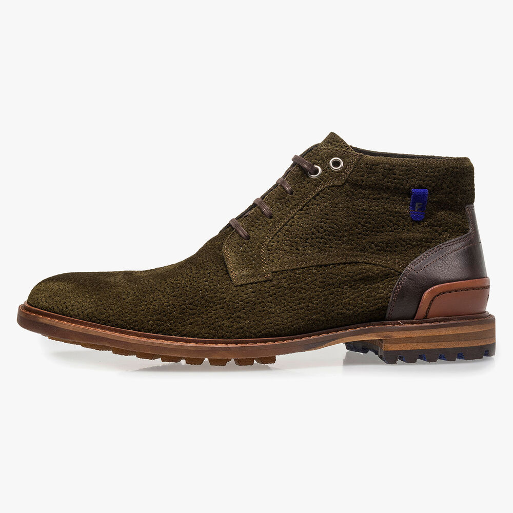 Olive green printed suede leather lace boot