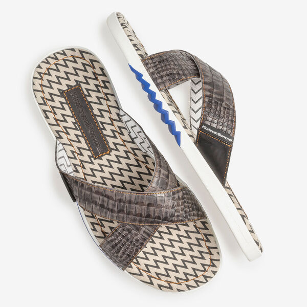Dunkelgrauer Nubukleder Kreuzriemen-Slipper mit Print