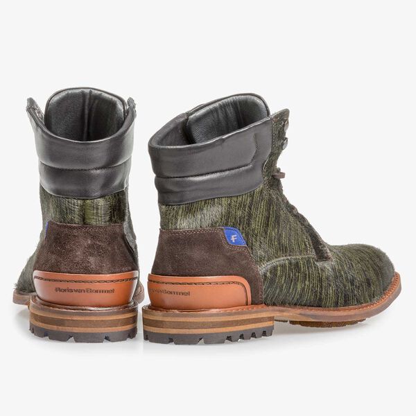 Dunkelgr&uuml;ner Premium Ponyfell-Schn&uuml;rstiefel mit Print