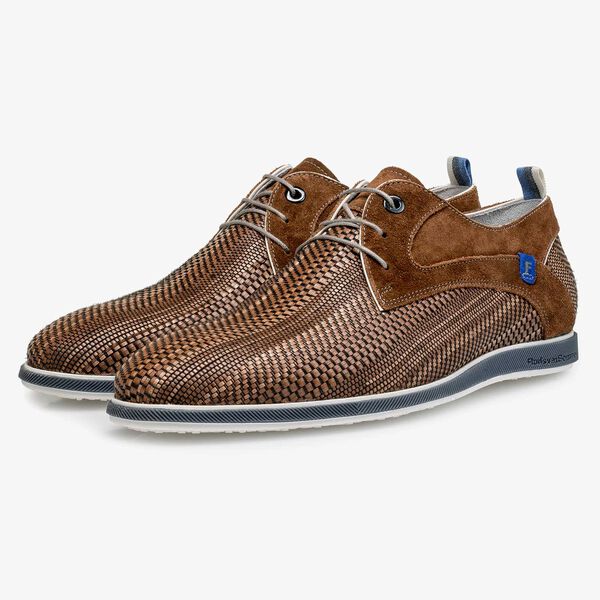 Cognacfarbener, geflochtener Leder-Schn&uuml;rschuh
