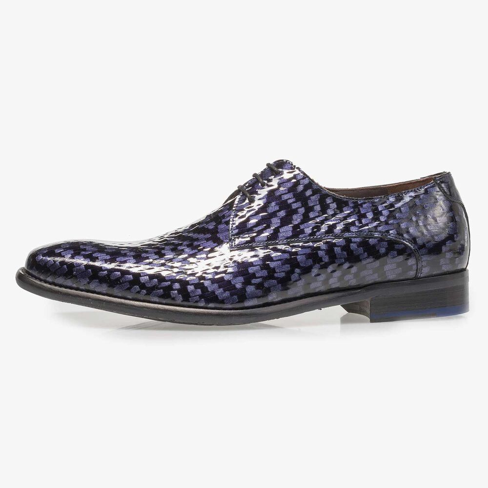 Blauer Premium Lackleder-Schn&uuml;rschuh mit Print