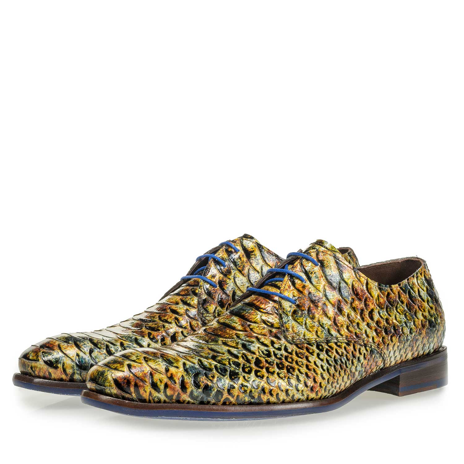 18121/03 - Gelb-brauner Lackleder-Schnürschuh mit Schlangenprint 18121/03 - Gelb-brauner Lackleder-Schnürschuh mit Schlangenprint