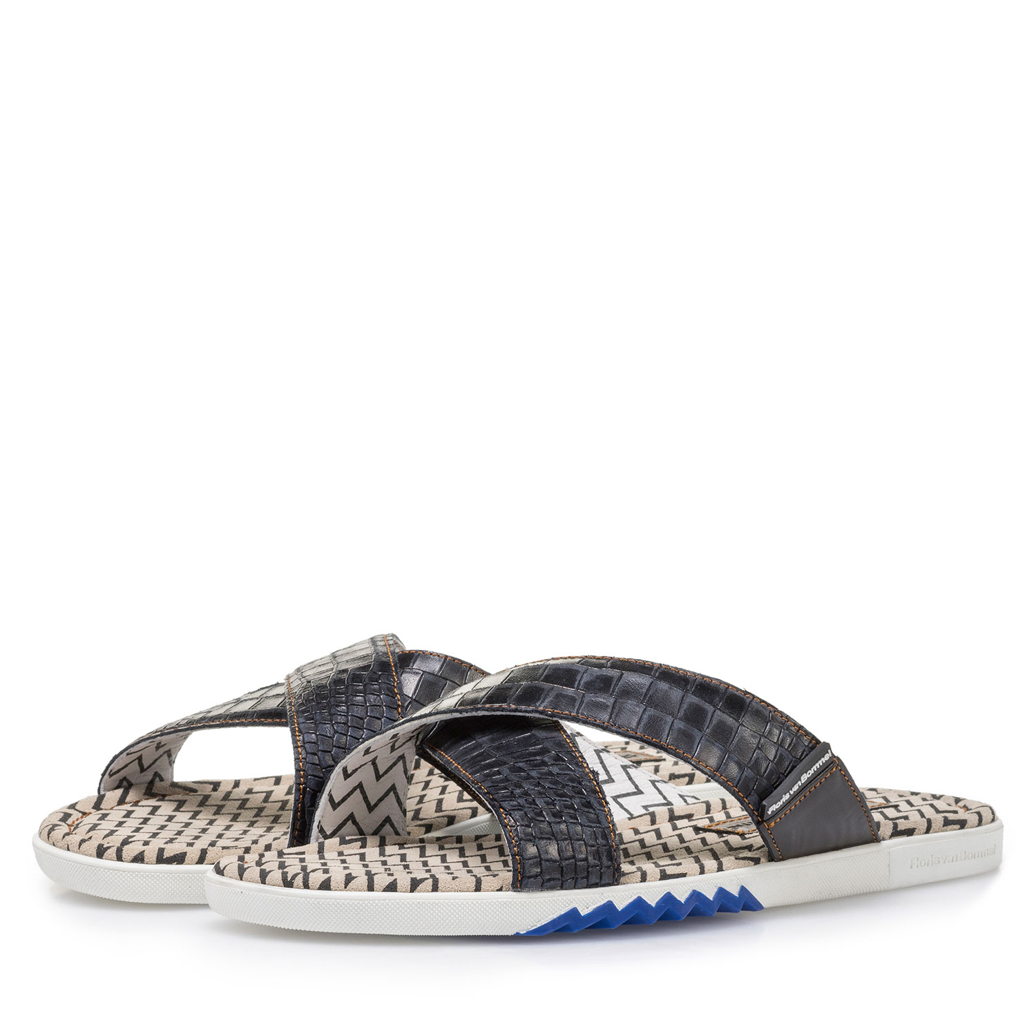 20200/12 - Dunkelblauer Nubukleder Kreuzriemen-Slipper mit Print 20200/12 - Dunkelblauer Nubukleder Kreuzriemen-Slipper mit Print