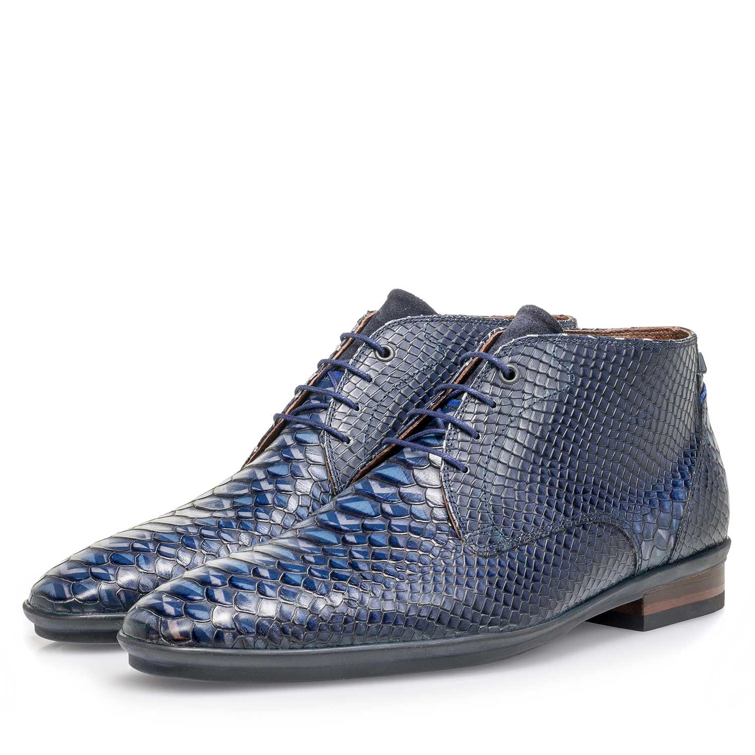 10475/02 - Blue calf leather lace shoe with snake print 10475/02 - Blue calf leather lace shoe with snake print
