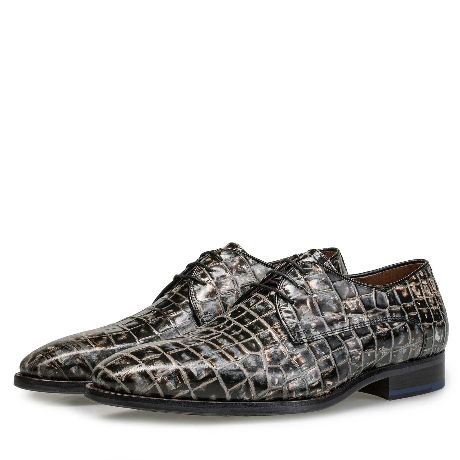 18071/02 - Grau-schwarzer Leder-Schnürschuh mit Kroko-Print 18071/02 - Grau-schwarzer Leder-Schnürschuh mit Kroko-Print