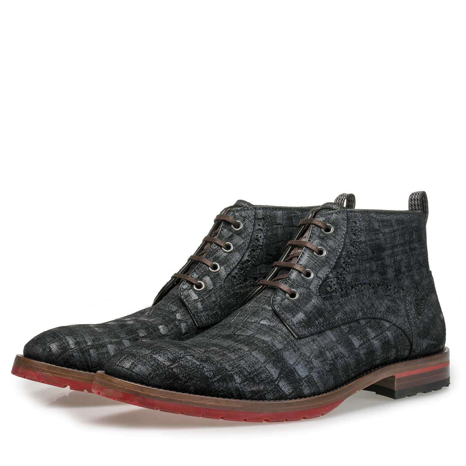 10317/08 - Blauer Wildleder-Schnürstiefel mit Karomuster 10317/08 - Blauer Wildleder-Schnürstiefel mit Karomuster