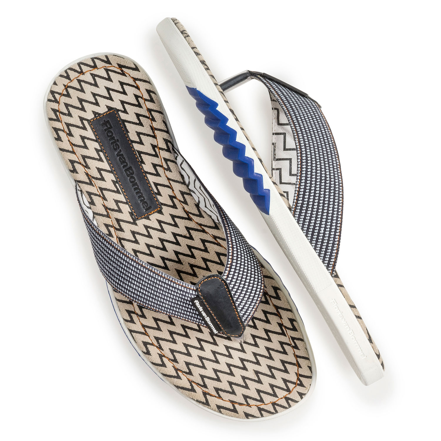20201/13 - Blauer Wildleder Zehentrenner-Slipper mit Print 20201/13 - Blauer Wildleder Zehentrenner-Slipper mit Print