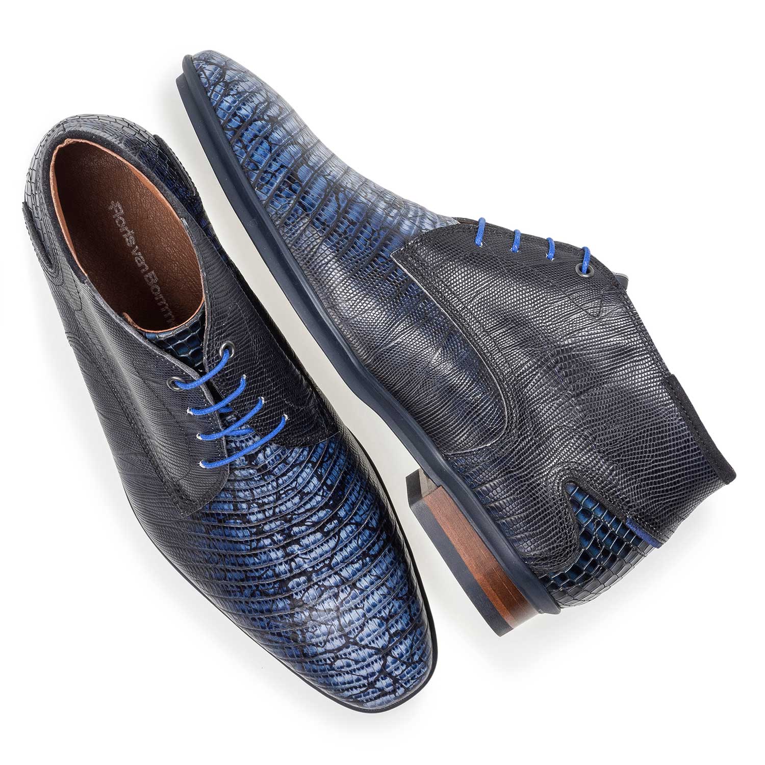10131/12 - Blauer Kalbsleder-Schnürschuh mit Eidechsenprint 10131/12 - Blauer Kalbsleder-Schnürschuh mit Eidechsenprint