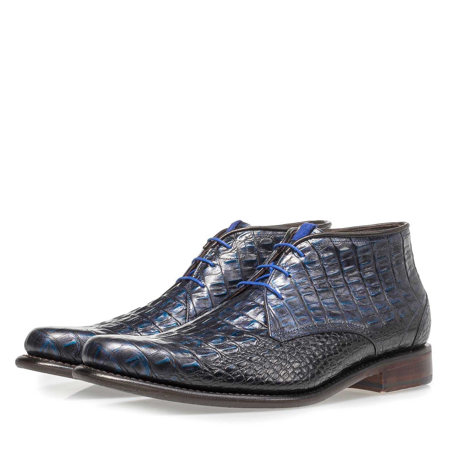10634/07 - Blauer Leder-Schnürstiefel mit Krokoprint 10634/07 - Blauer Leder-Schnürstiefel mit Krokoprint