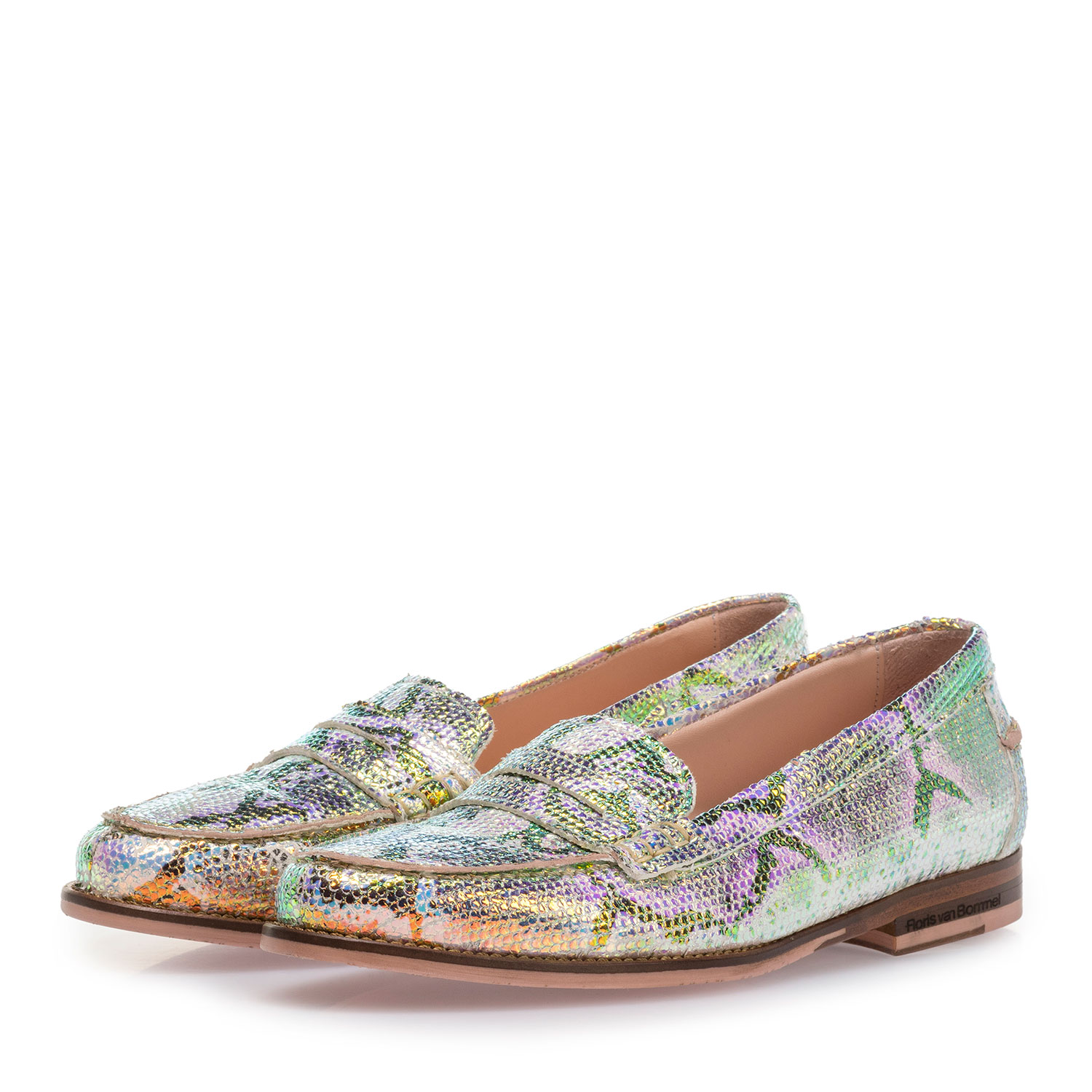 85409/15 - Leder-Loafer mit grün-goldenem Metallic-Print 85409/15 - Leder-Loafer mit grün-goldenem Metallic-Print