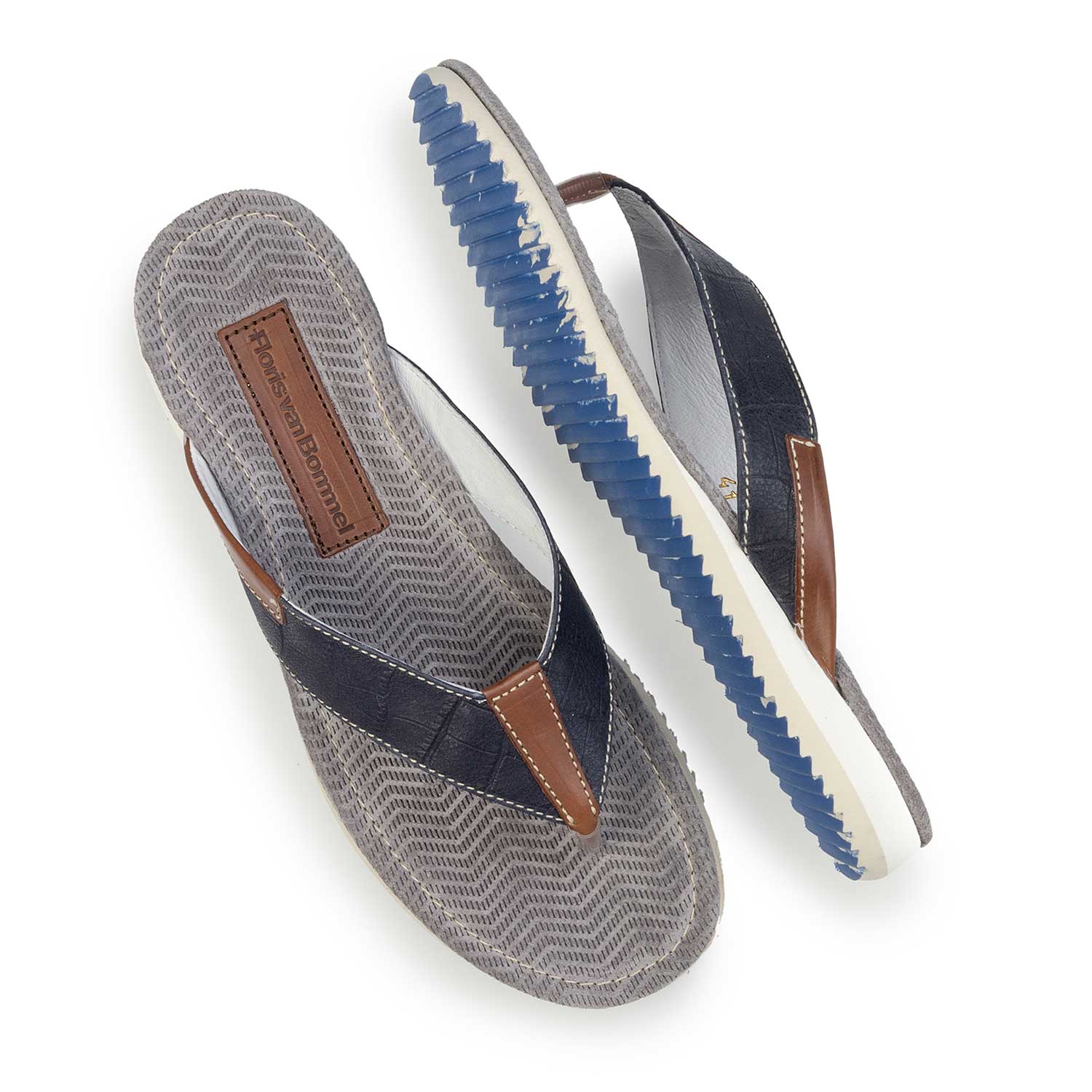 20022/21 - Dunkelblauer Zehentrenner Lederslipper mit Krokoprint 20022/21 - Dunkelblauer Zehentrenner Lederslipper mit Krokoprint