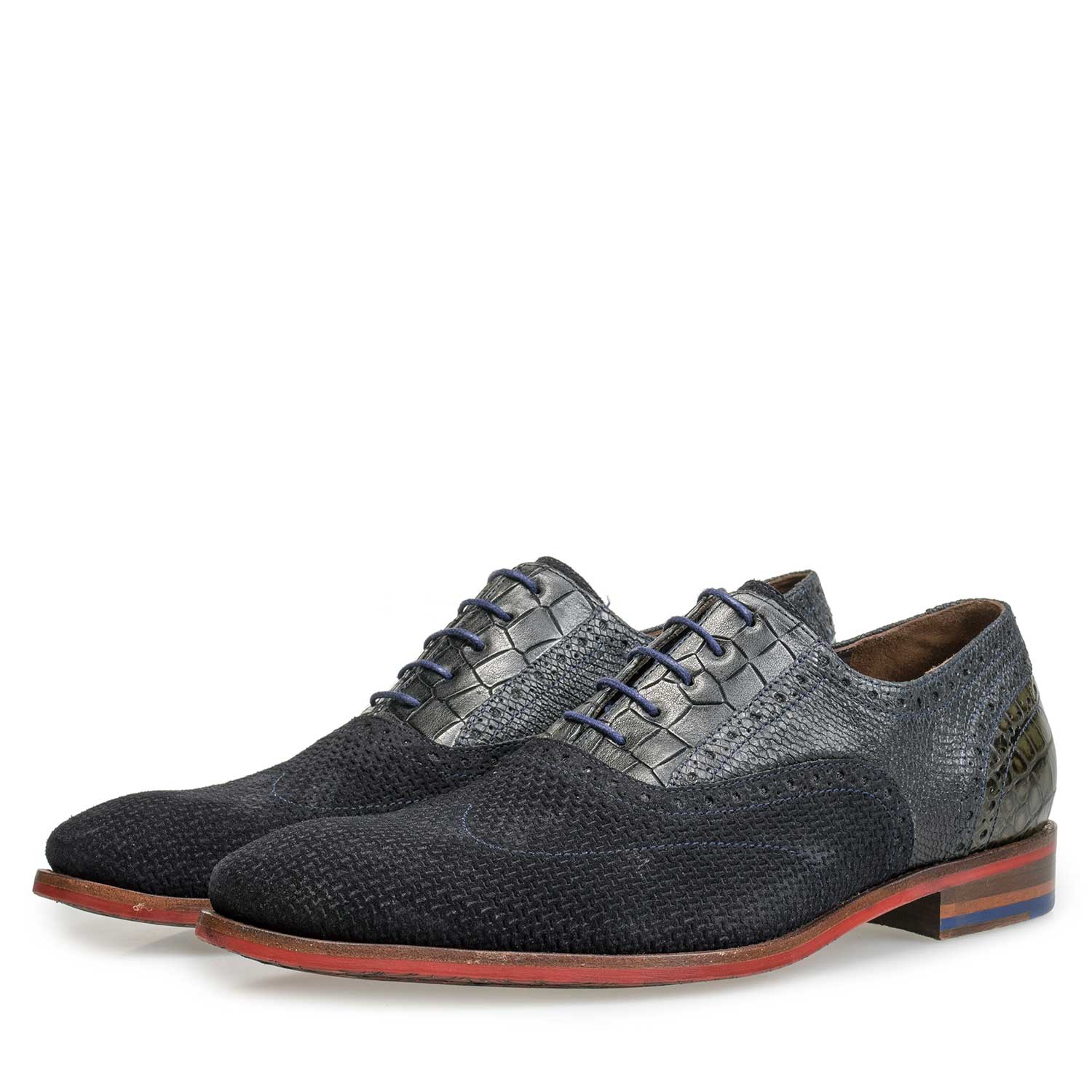 19114/28 - Blauer Kalbswildleder Schnürschuh mit Strukturmuster 19114/28 - Blauer Kalbswildleder Schnürschuh mit Strukturmuster