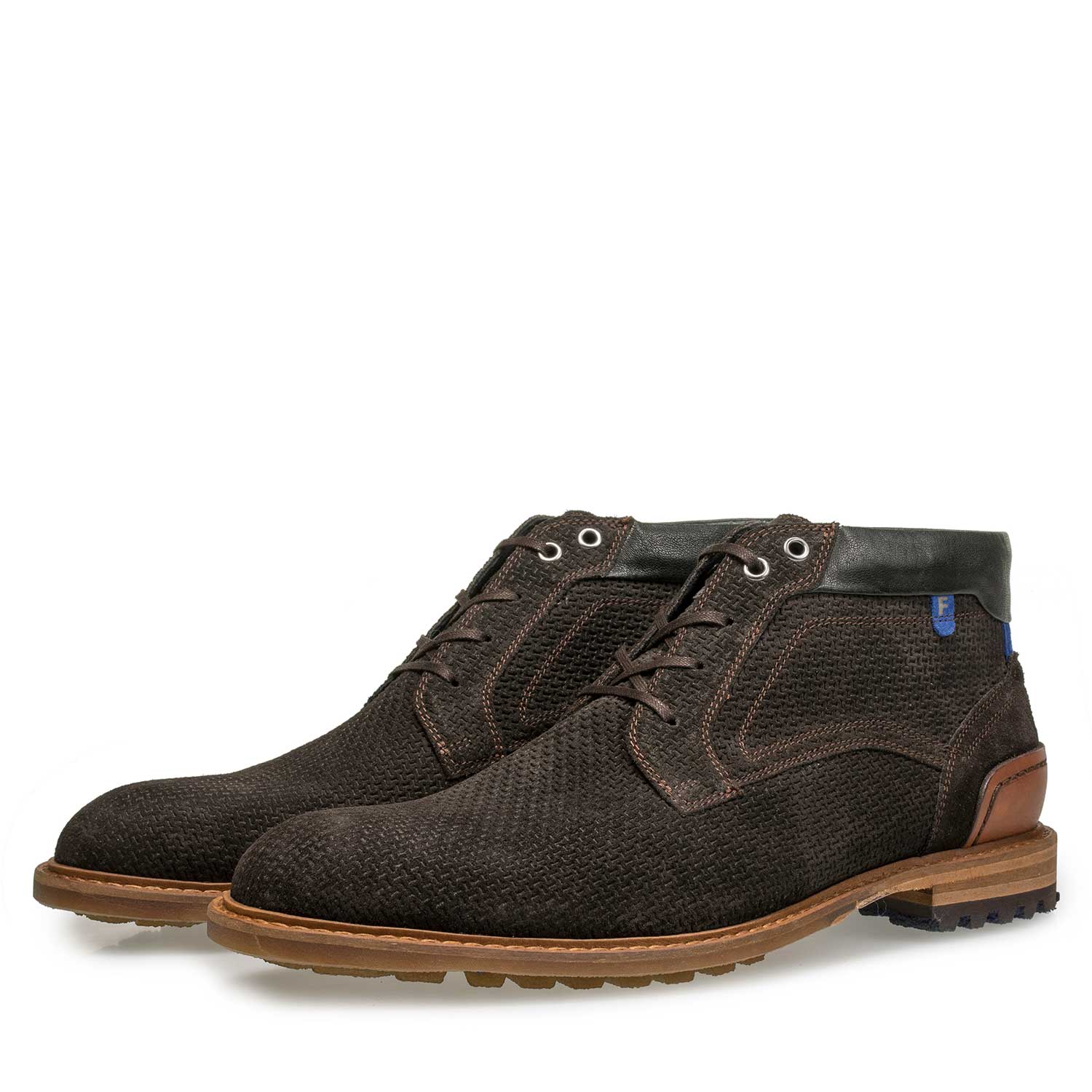 10228/05 - Brown suede leather lace boot with structural pattern 10228/05 - Brown suede leather lace boot with structural pattern