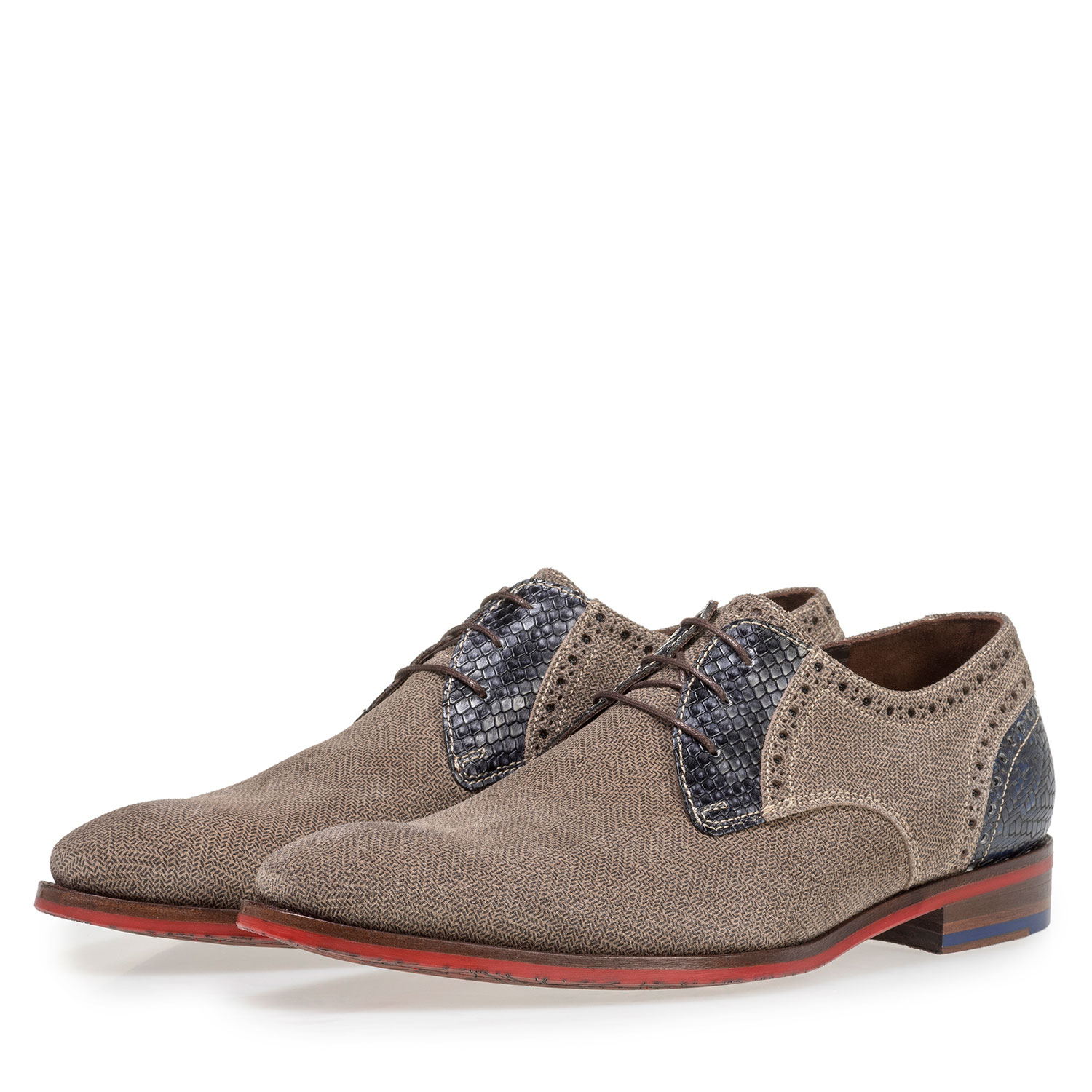 18107/02 - Beigefarbener Wildleder-Schnürschuh mit blauem Print 18107/02 - Beigefarbener Wildleder-Schnürschuh mit blauem Print