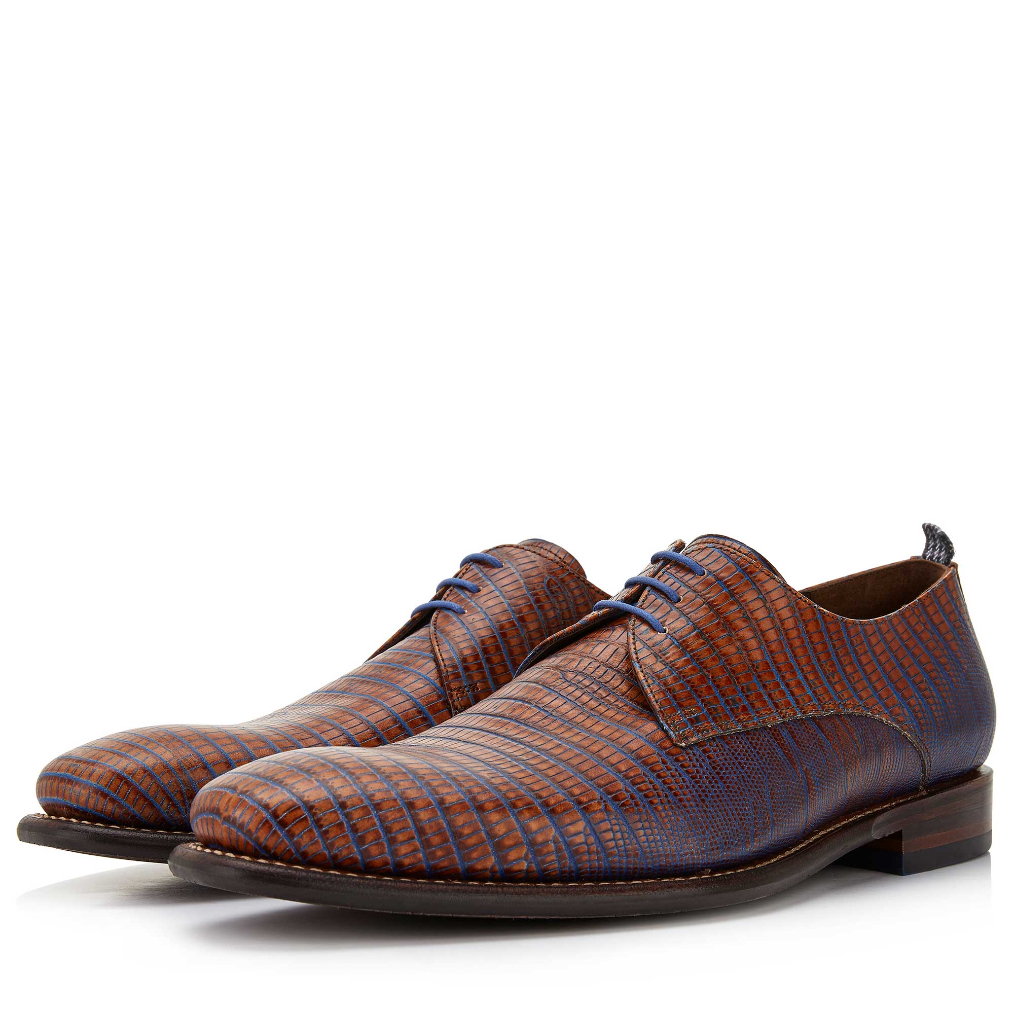 18063/00 - Floris van Bommel men’s cognac-coloured leather lace shoe finished with a lizard print 18063/00 - Floris van Bommel men’s cognac-coloured leather lace shoe finished with a lizard print