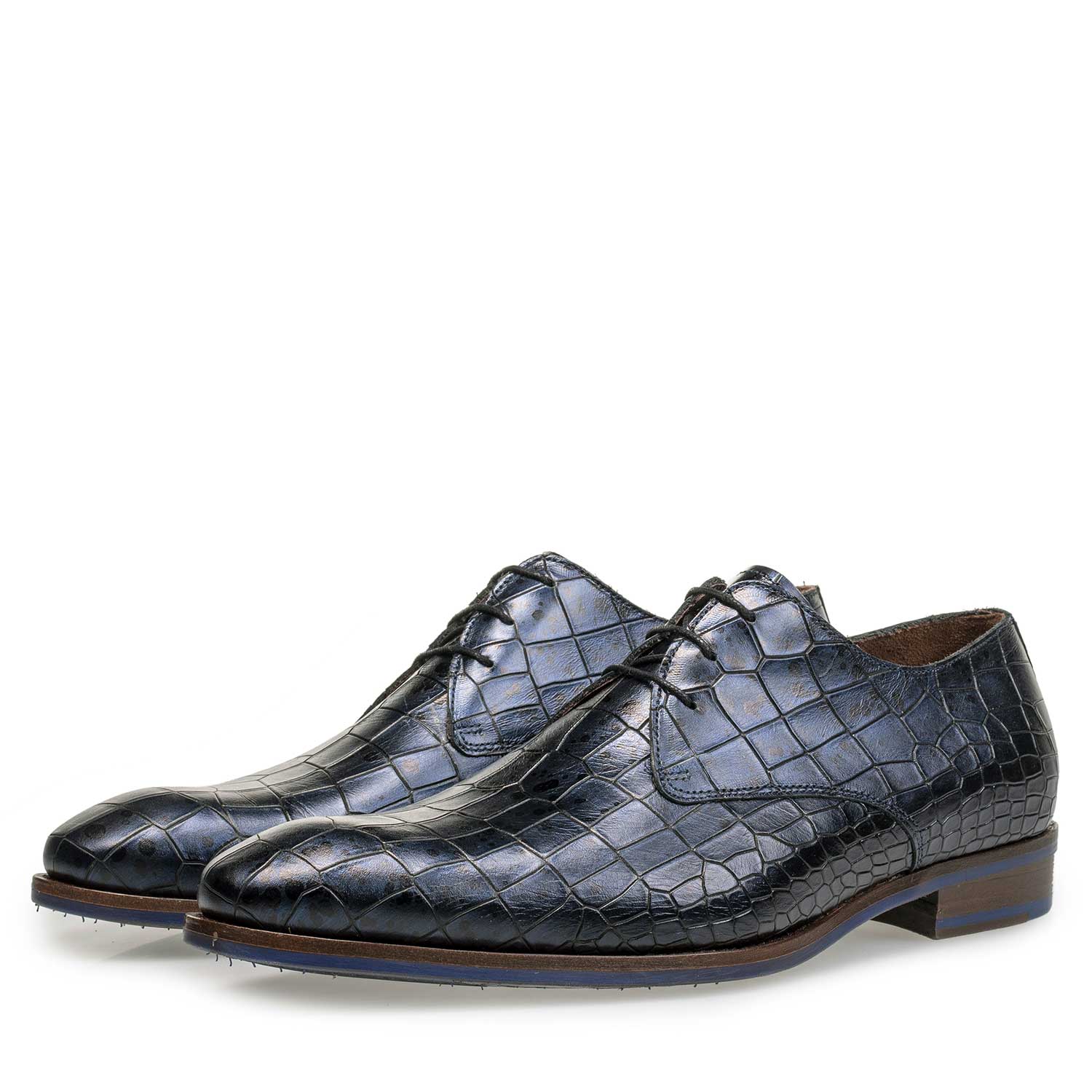 18067/02 - Blauer Kalbsleder Schnürschuh mit Krokoprint 18067/02 - Blauer Kalbsleder Schnürschuh mit Krokoprint