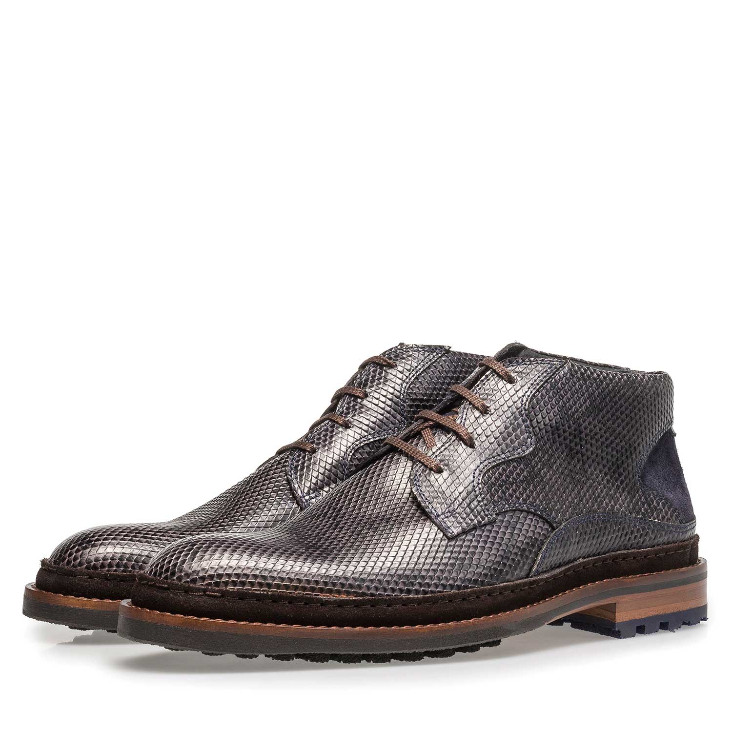 10509/07 - Dunkelgrauer Leder-Schnürstiefel mit Schlangenprint 10509/07 - Dunkelgrauer Leder-Schnürstiefel mit Schlangenprint