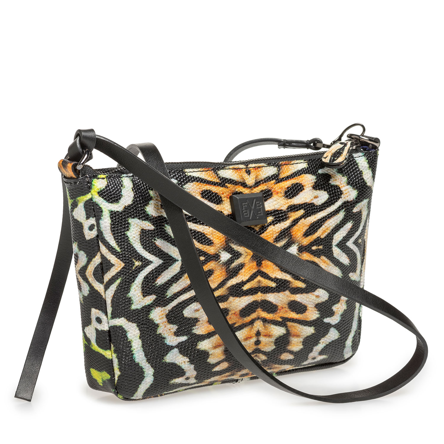 89019/00 - Schwarze Ledertasche mit orangefarbenem Print 89019/00 - Schwarze Ledertasche mit orangefarbenem Print