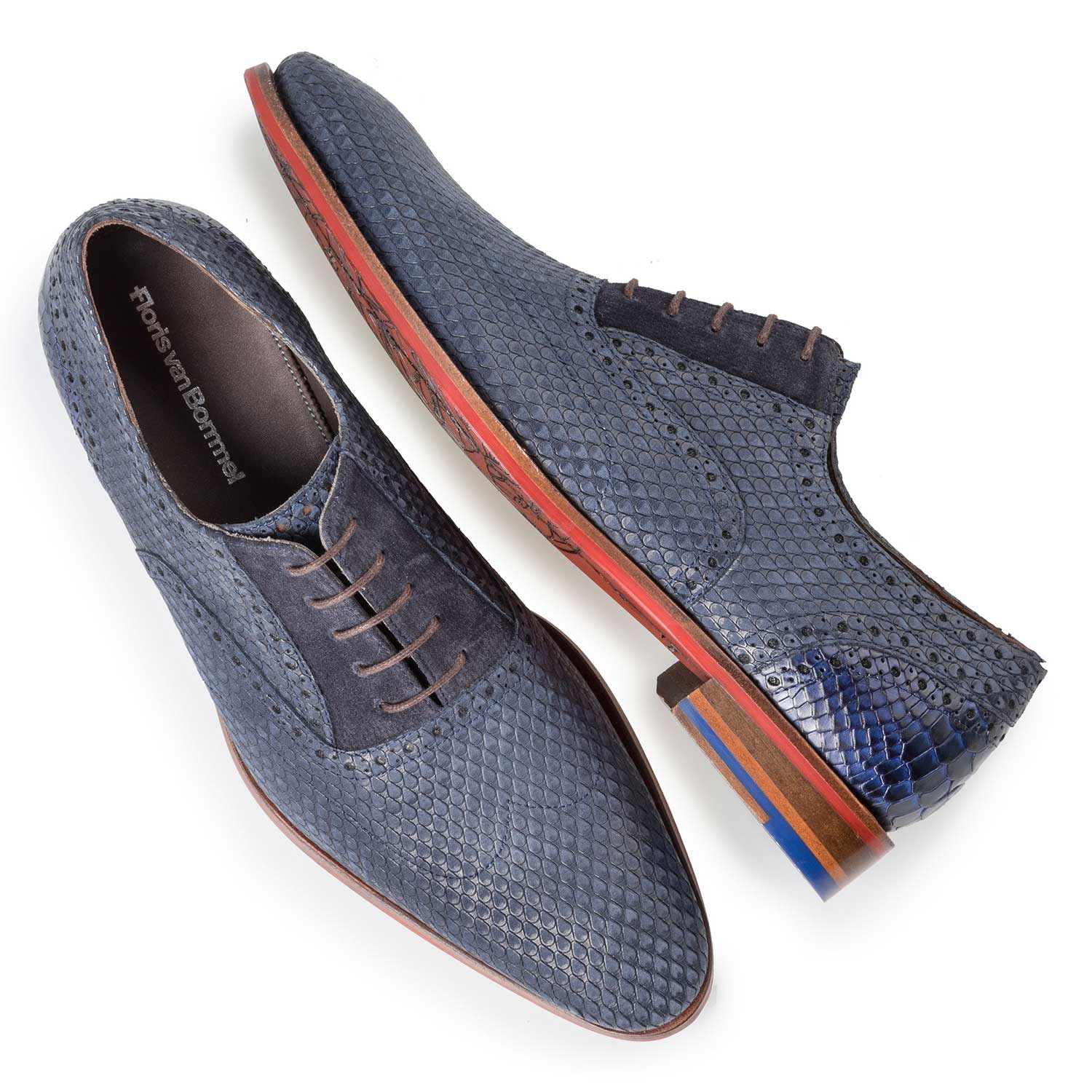 19119/01 - Blauer Nubukleder-Schnürschuh mit Schlangenprint 19119/01 - Blauer Nubukleder-Schnürschuh mit Schlangenprint