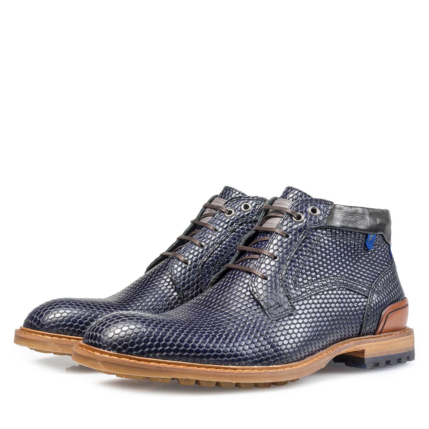 10228/07 - Blauer Leder-Schnürstiefel mit Strukturprint 10228/07 - Blauer Leder-Schnürstiefel mit Strukturprint