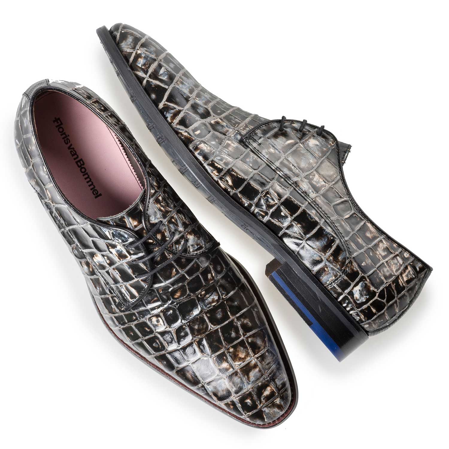18071/02 - Grau-schwarzer Leder-Schnürschuh mit Kroko-Print 18071/02 - Grau-schwarzer Leder-Schnürschuh mit Kroko-Print