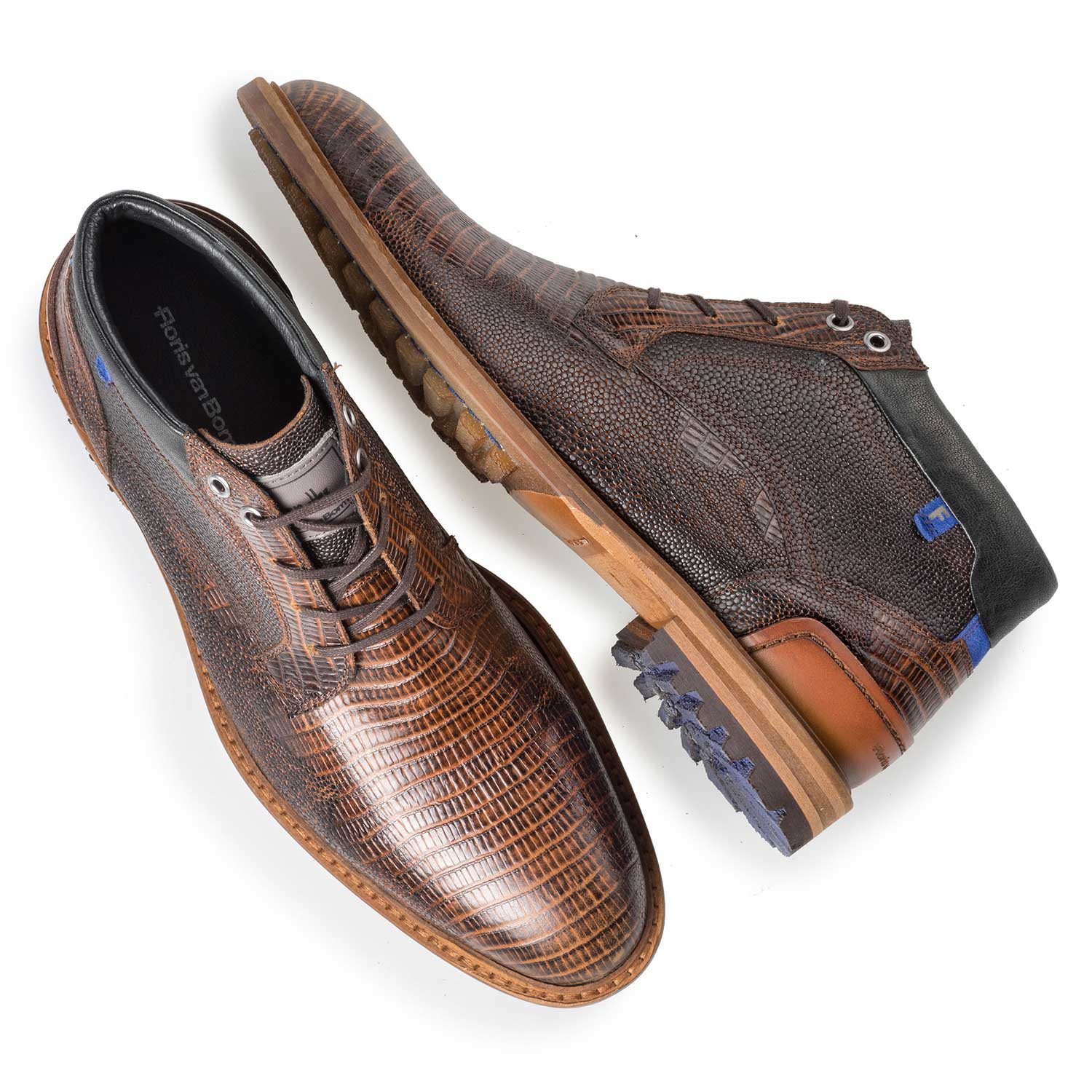 10228/00 - Cognacfarbener Leder-Schnürstiefel mit Eidechsenprint 10228/00 - Cognacfarbener Leder-Schnürstiefel mit Eidechsenprint