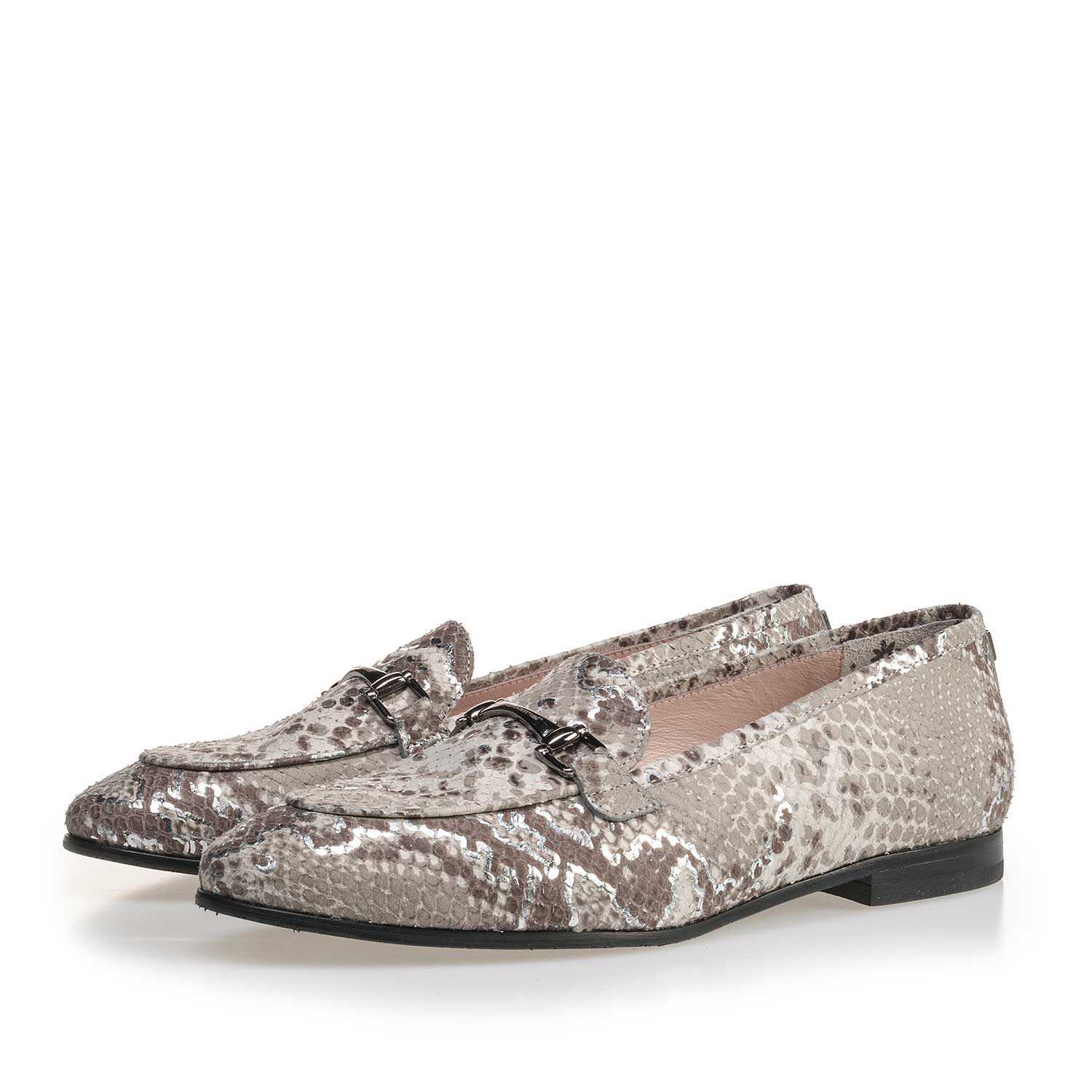 85231/01 - Taupefarbener Leder Slipper mit Schlangenprint 85231/01 - Taupefarbener Leder Slipper mit Schlangenprint