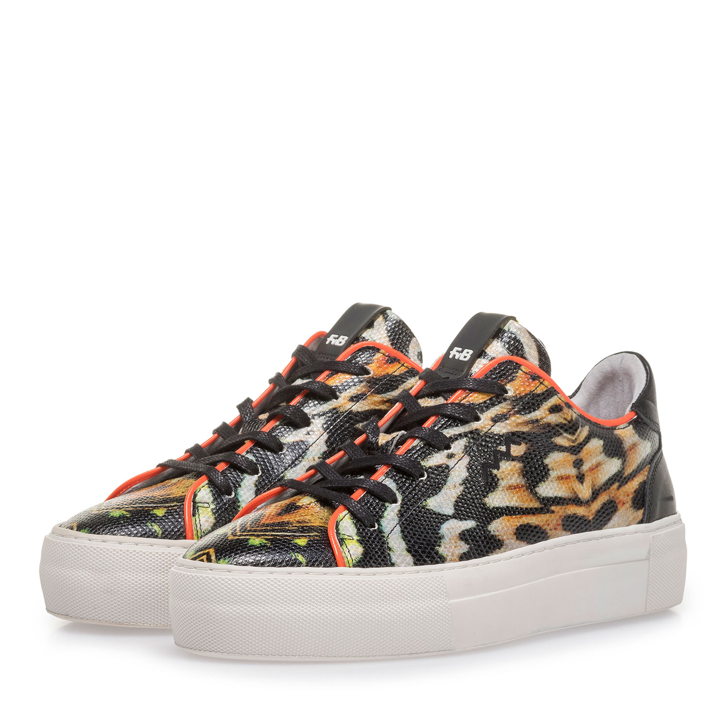 85297/05 - Schwarzer Leder-Sneaker mit orangefarbenem Print 85297/05 - Schwarzer Leder-Sneaker mit orangefarbenem Print