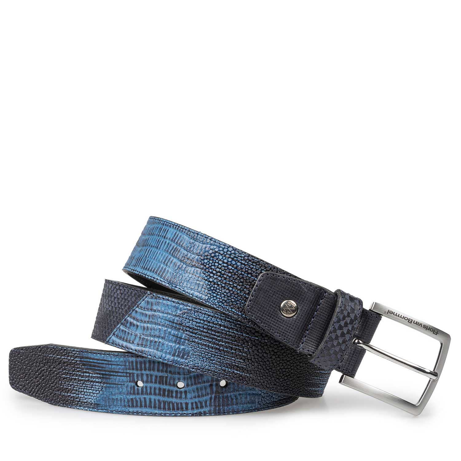 75161/11 - Blue leather belt with structural pattern 75161/11 - Blue leather belt with structural pattern