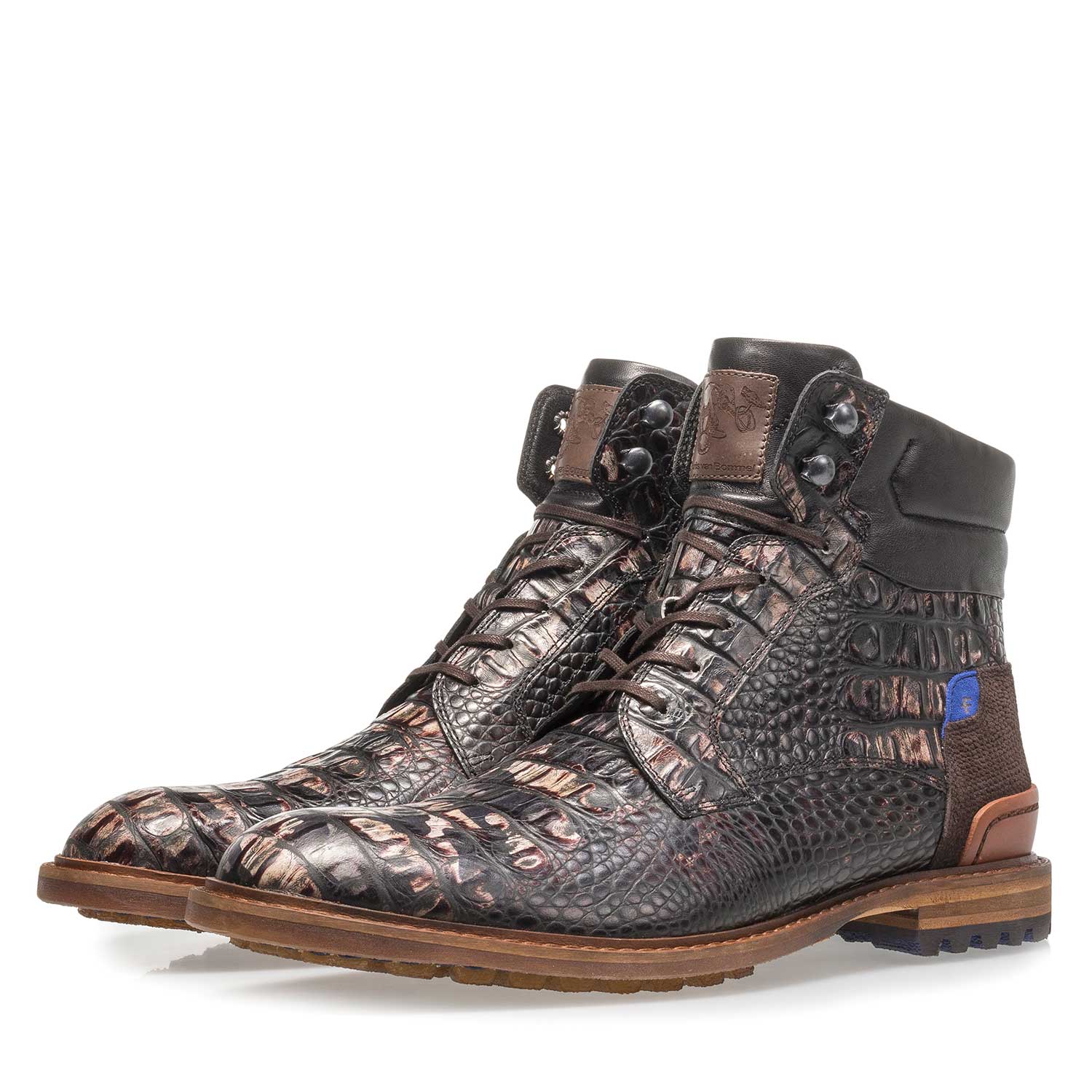 10234/18 - Dunkelbrauner Leder-Schnürstiefel mit Krokoprint 10234/18 - Dunkelbrauner Leder-Schnürstiefel mit Krokoprint