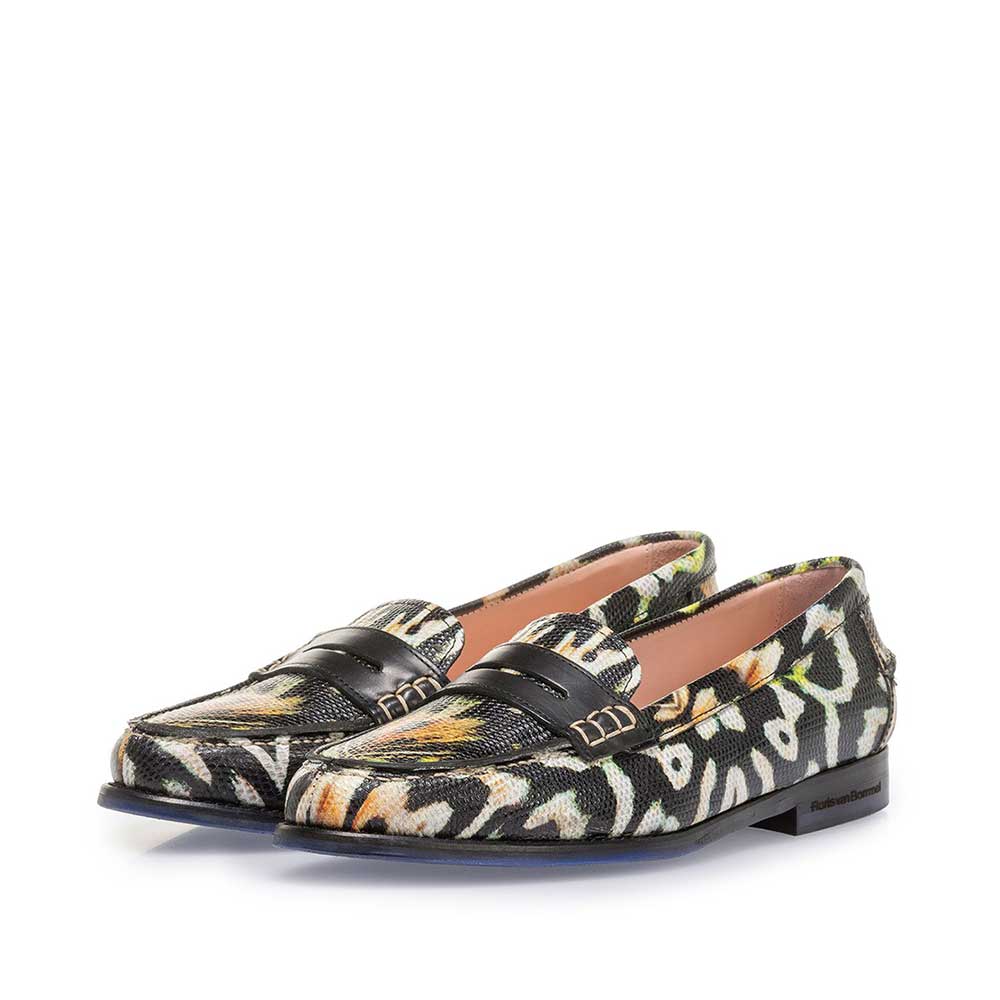 85409/14 - Schwarzer Leder-Loafer mit orangefarbenem Print 85409/14 - Schwarzer Leder-Loafer mit orangefarbenem Print